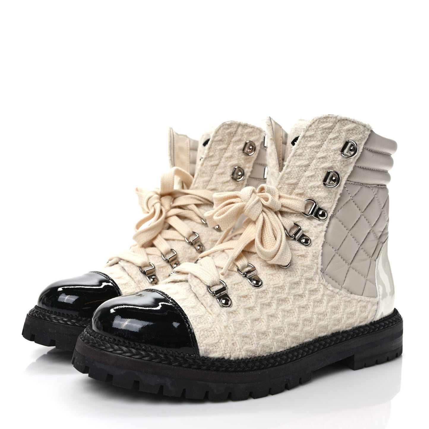 Tweed Patent Cap Toe Lace Up Short Boots 39.5 White