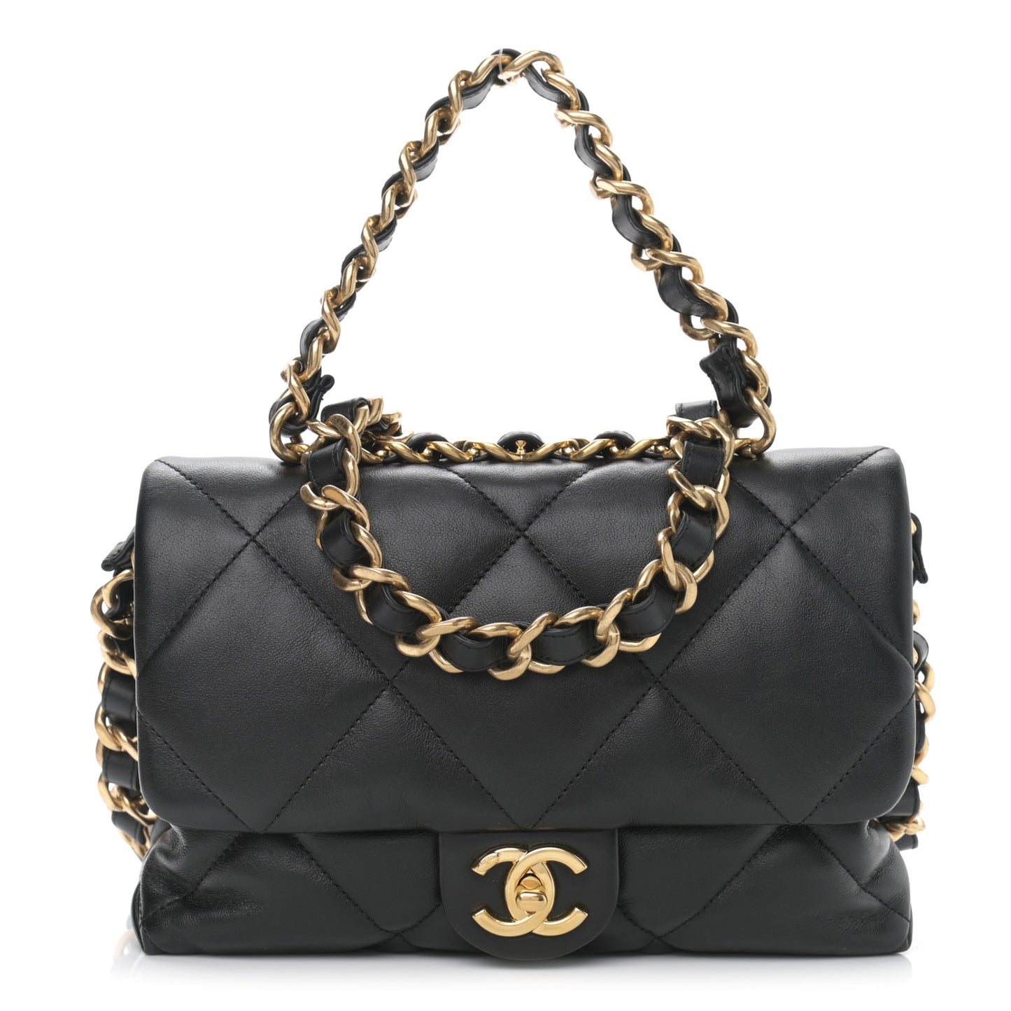 Lambskin Quilted Chain Top Handle Flap Black