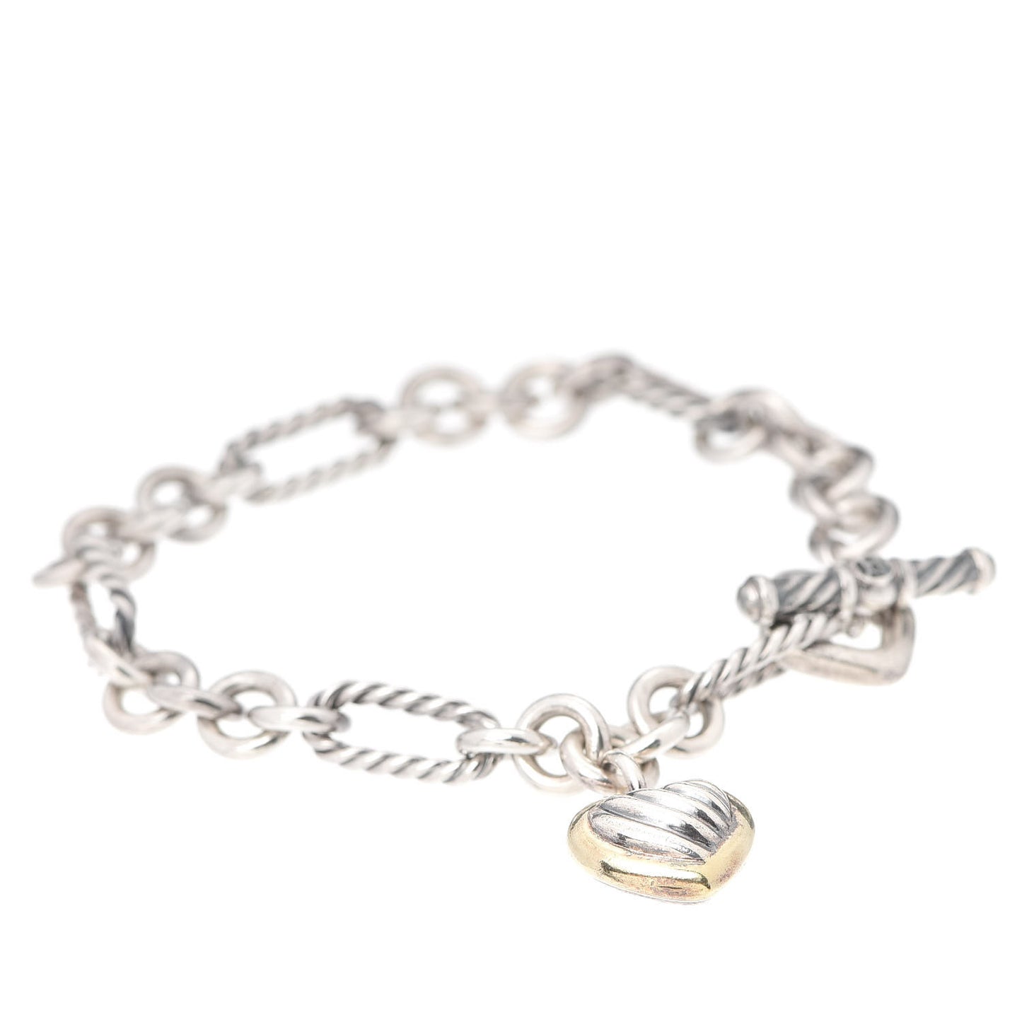 Sterling Silver 18K Yellow Gold Cable Heart Charm Bracelet