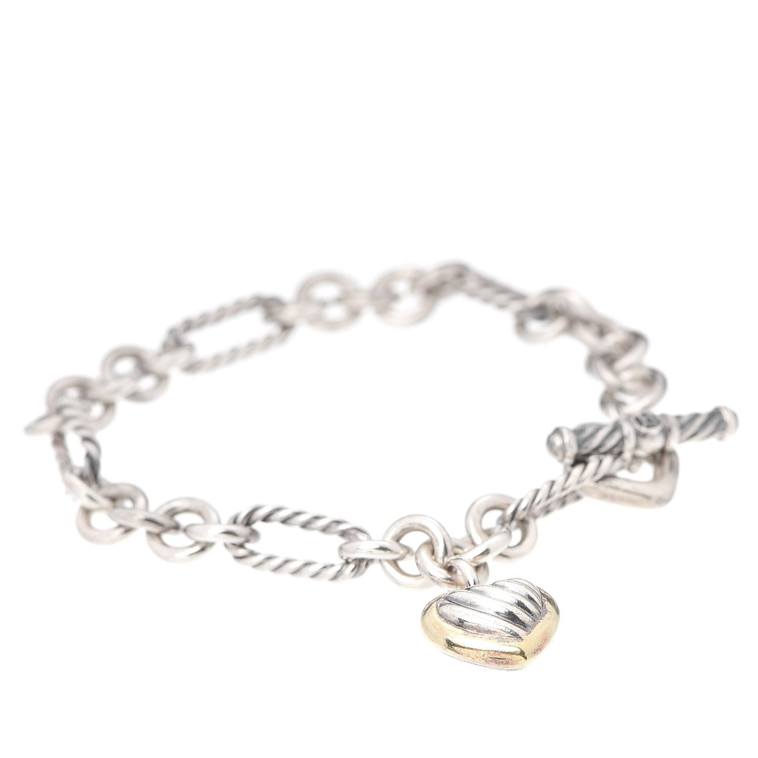 David Yurman Sterling Silver 18K Yellow Gold Cable Heart Charm Bracelet 1 of 4