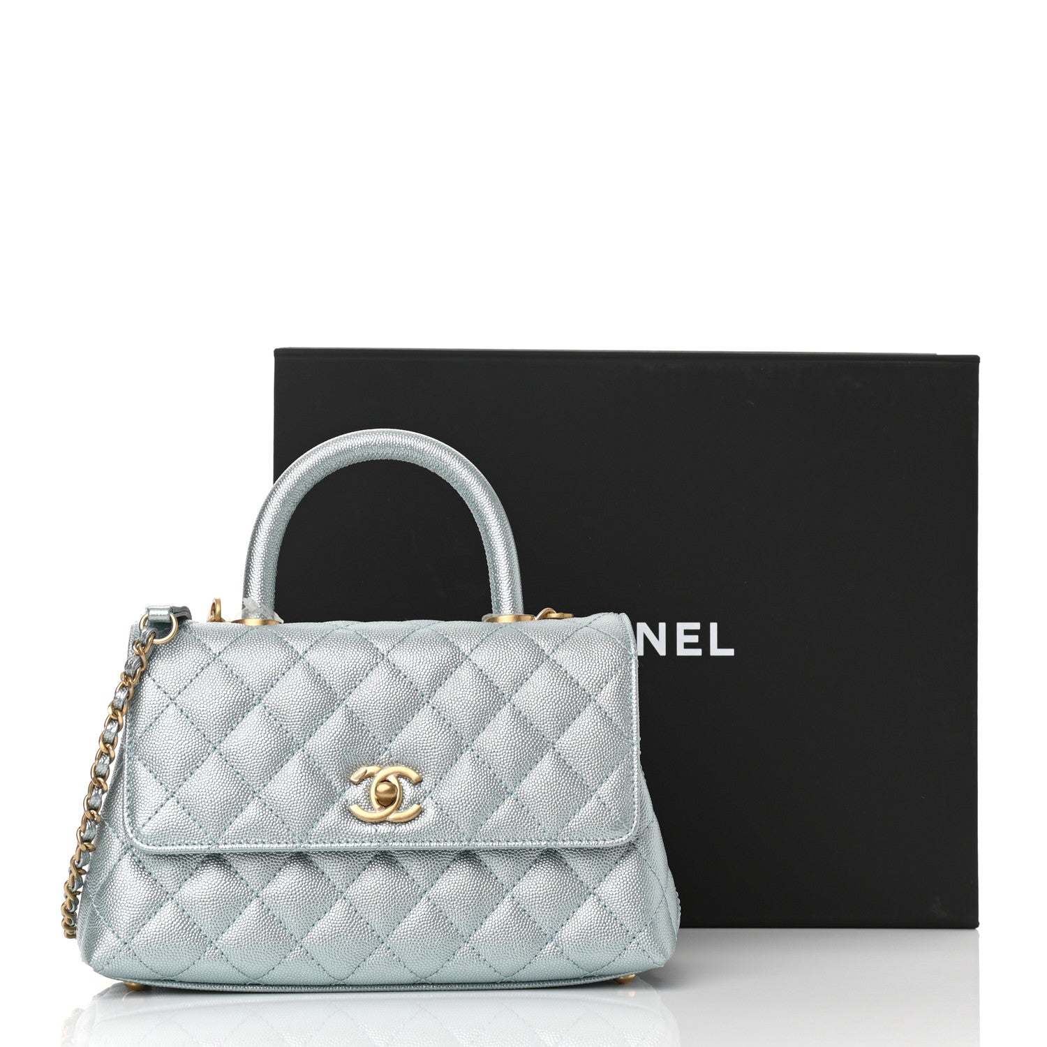 Chanel Metallic Caviar Quilted Mini Coco Handle Flap Light Blue 9 of 9