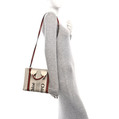 Chloe Cotton Calfskin Small Woody Ribbon Tote With Strap White Brown 2 of 10