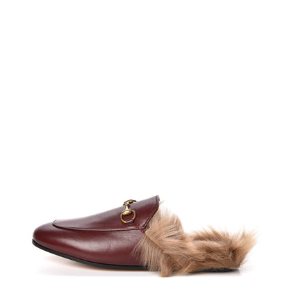 Gucci Malaga Kid Fur Womens Princetown Slippers 37 Vintage Bordeaux Naturale 1 of 9