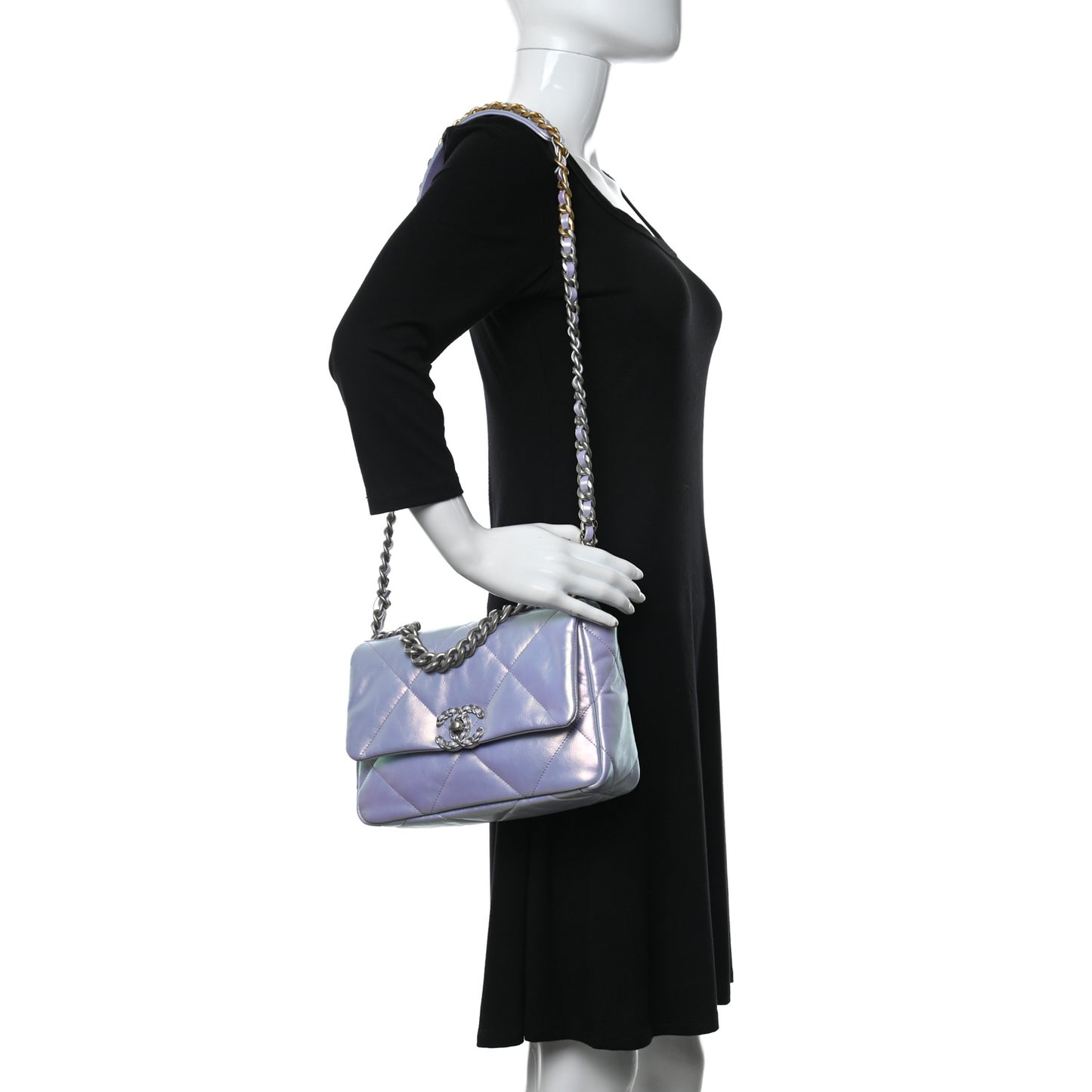 Iridescent Calfskin Quilted Medium Chanel 19 Flap Light Purple Blue