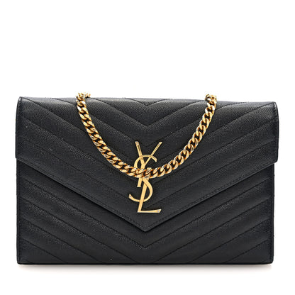 Saint Laurent Grain De Poudre Matelasse Chevron Monogram Chain Wallet Black 1 of 9