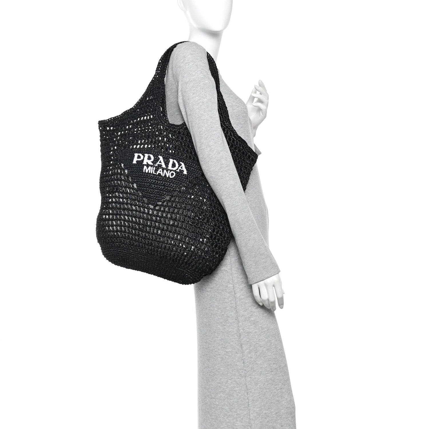 Prada Yarn Raffia Effect Crochet Logo Embroidered Shopping Tote Bag Black 2 of 9
