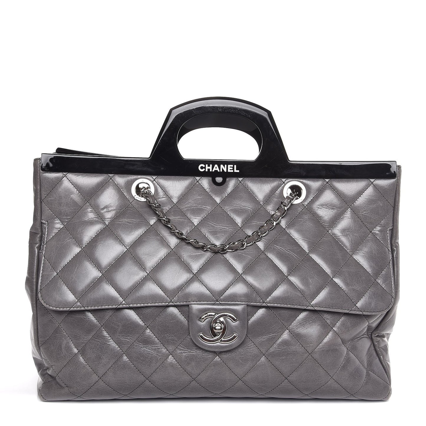 Glazed Calfskin Quilted Large CC Delivery Tote Grey