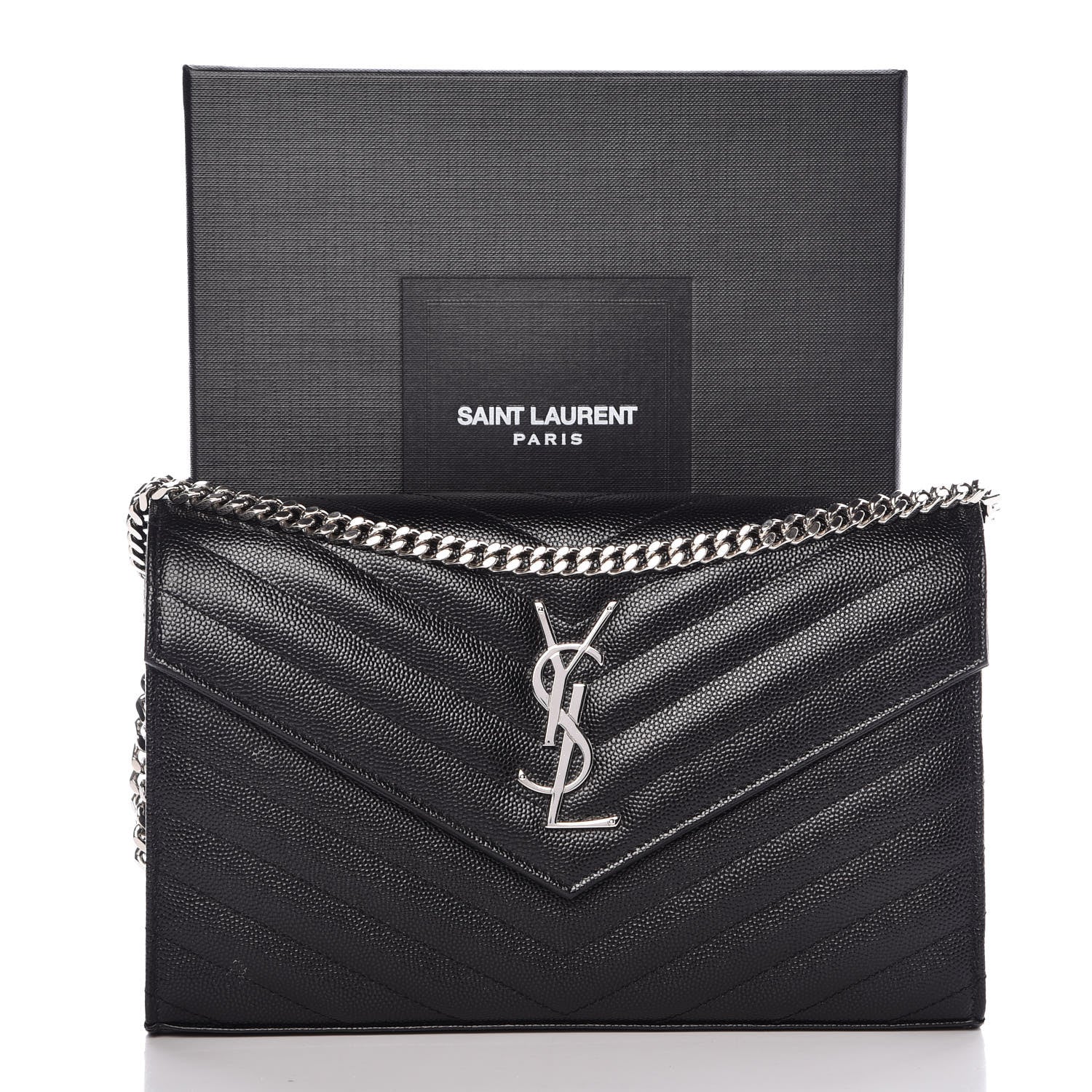 Saint Laurent Grain De Poudre Matelasse Chevron Medium Monogram Chain Wallet Black 12 of 12