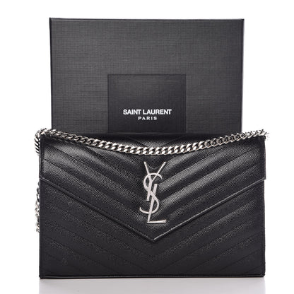 Saint Laurent Grain De Poudre Matelasse Chevron Medium Monogram Chain Wallet Black 12 of 12