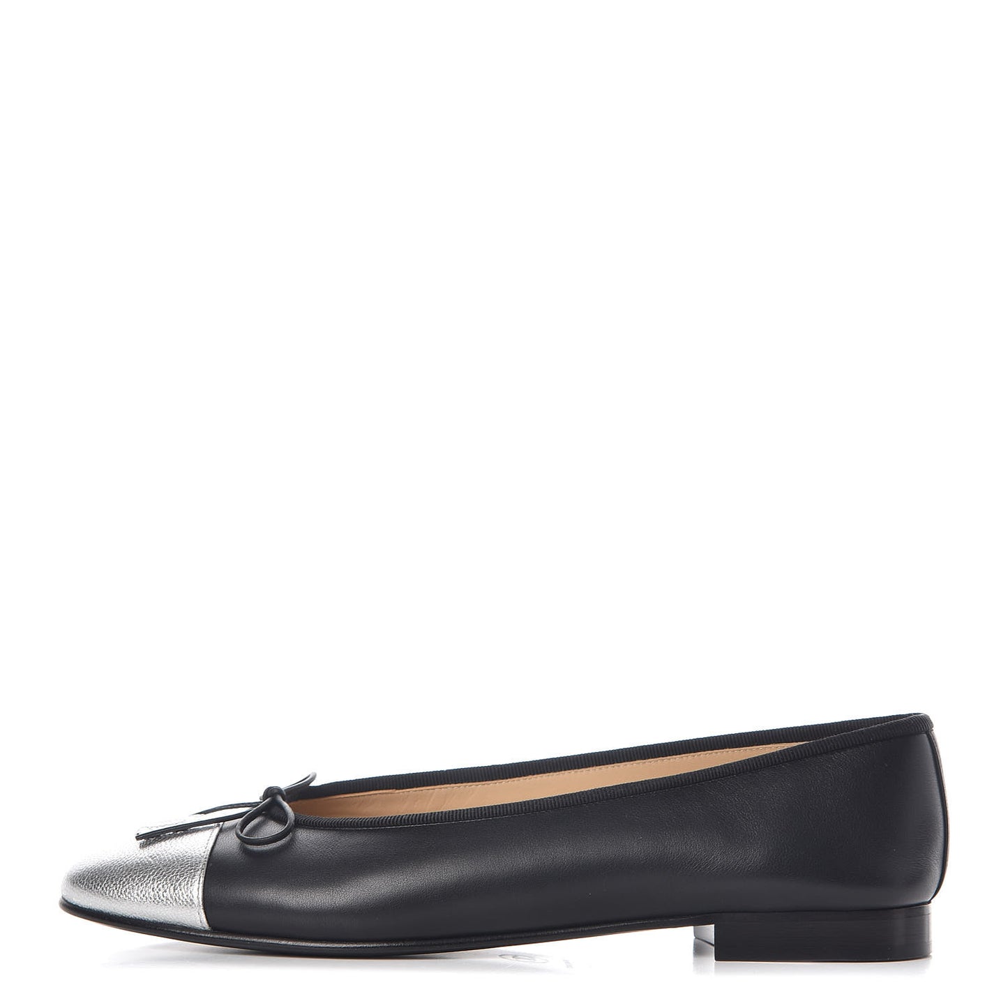 Calfskin Metallic Goatskin CC Cap Toe Ballerina Flats 39.5 Black Silver
