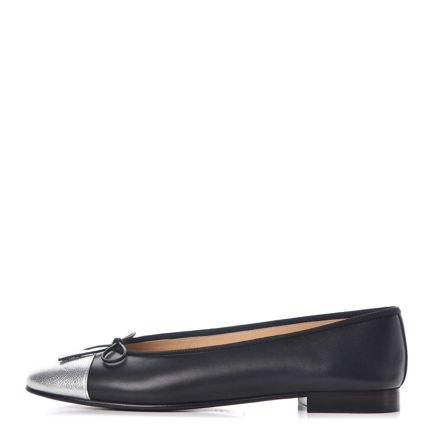 Chanel Calfskin Metallic Goatskin CC Cap Toe Ballerina Flats 39.5 Black Silver 1 of 8