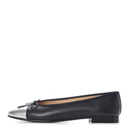 Chanel Calfskin Metallic Goatskin CC Cap Toe Ballerina Flats 39.5 Black Silver 1 of 8