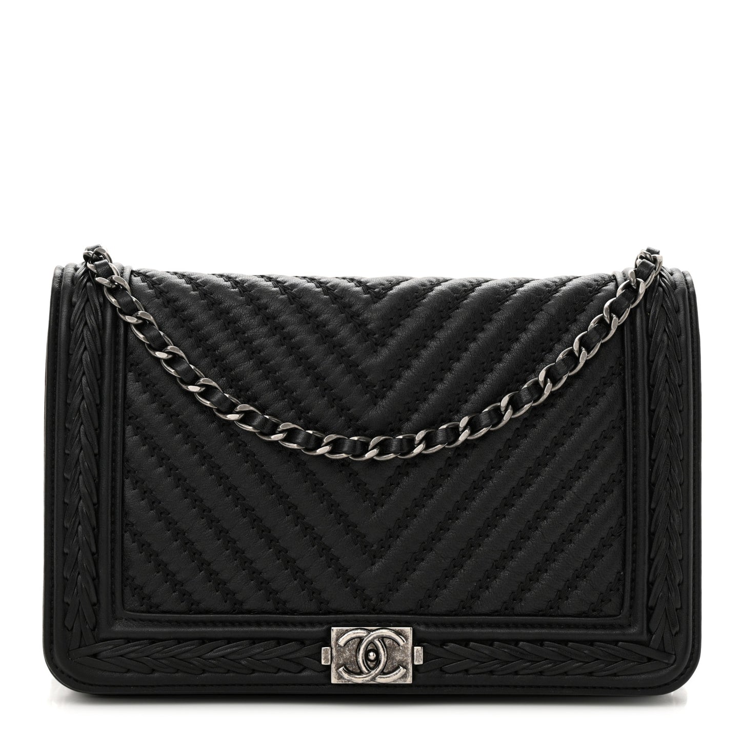 Calfskin Chevron Quilted Braided Boy Wallet On Chain WOC Black