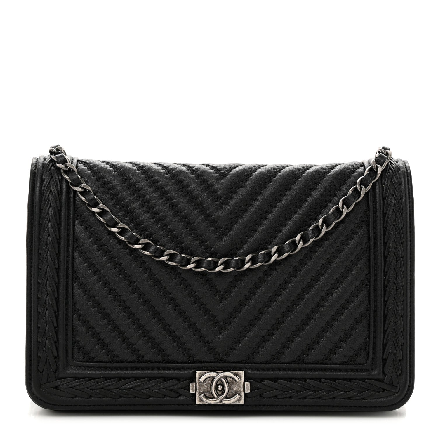 Chanel Calfskin Chevron Quilted Braided Boy Wallet On Chain WOC Black 1 of 14