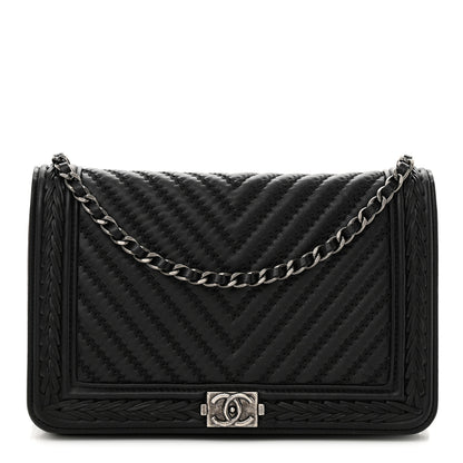 Chanel Calfskin Chevron Quilted Braided Boy Wallet On Chain WOC Black 1 of 14