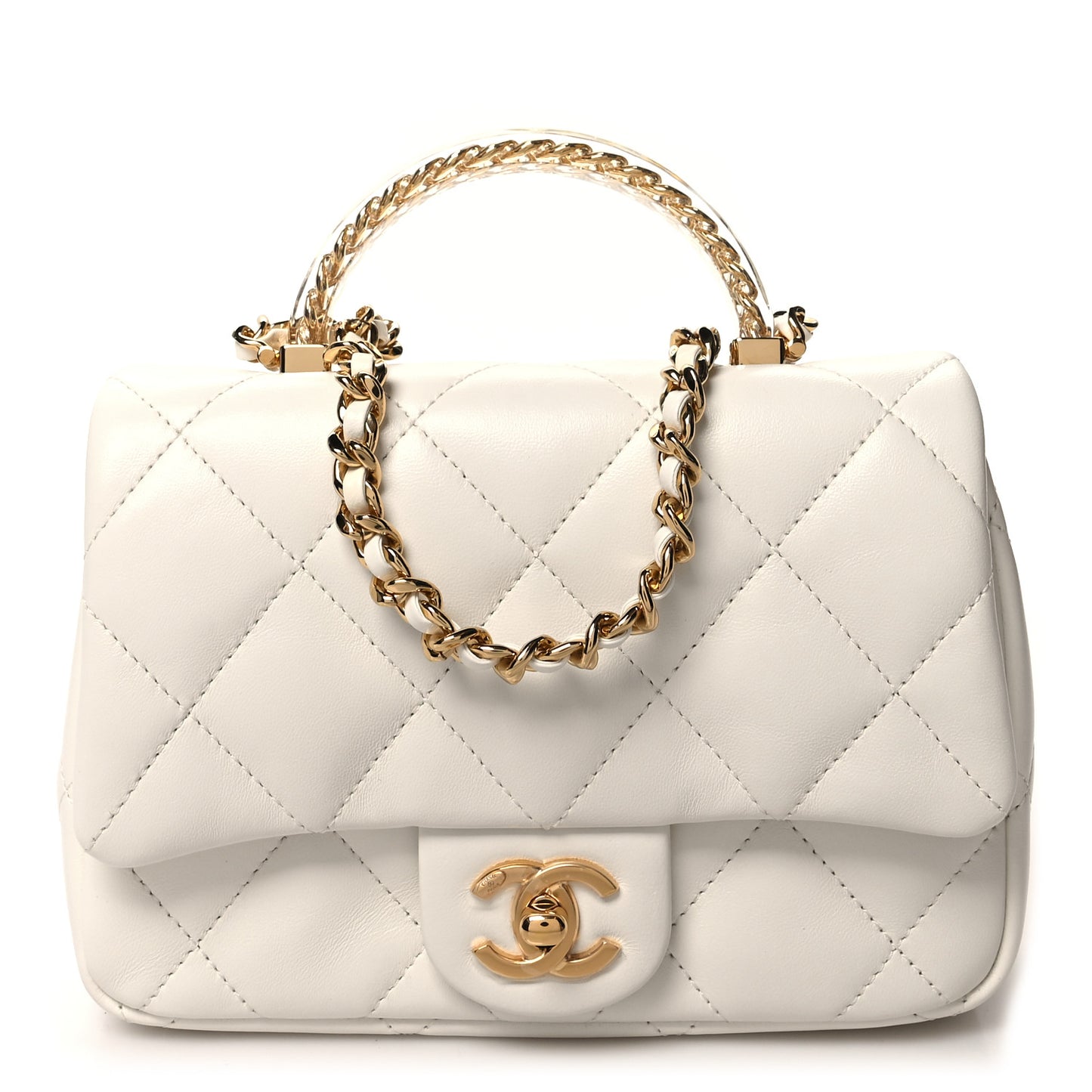 Lambskin Resin Quilted Top Handle Flap White
