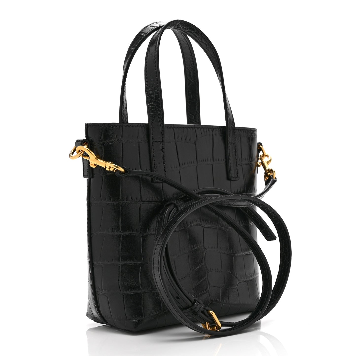 Calfskin Crocodile Embossed Paris Mini Toy Shopper Tote Black