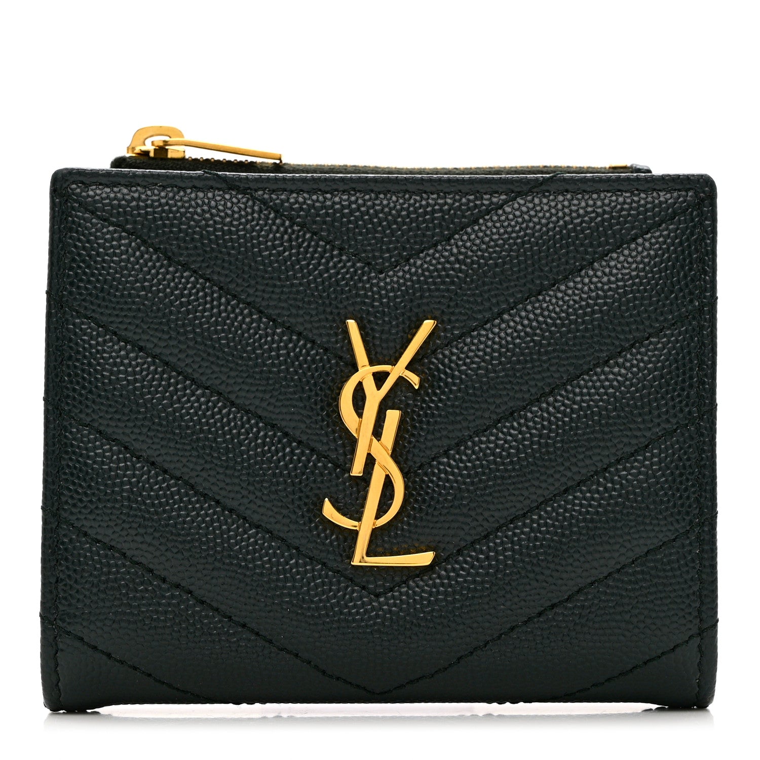 Saint Laurent Grain De Poudre Matelasse Chevron Monogram Zipped Card Case Green 1 of 7