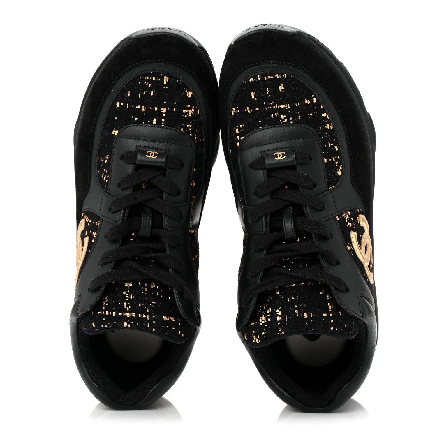 Chanel Suede Tweed Mens CC Sneakers 42 Black Gold 2 of 8