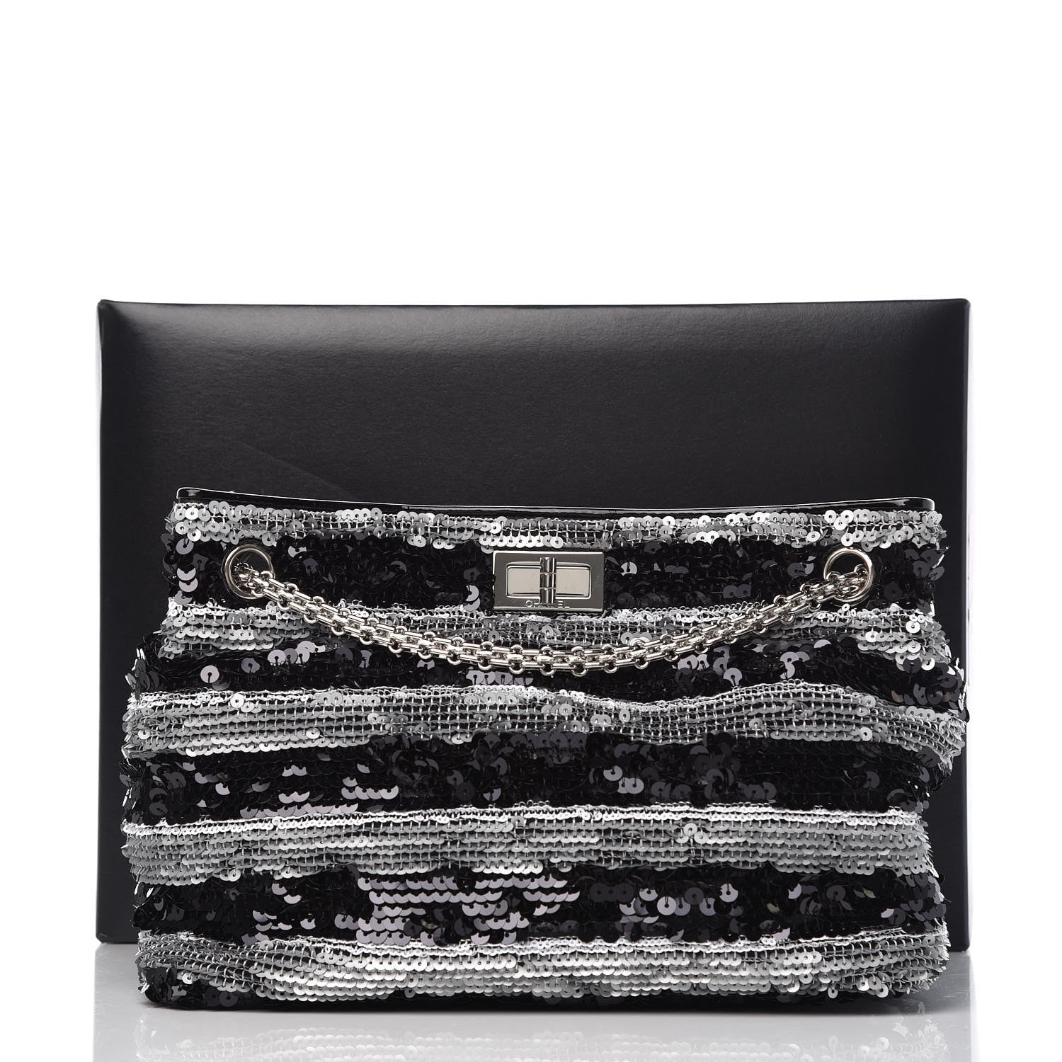 Chanel Sequin Striped Mademoiselle Tote Black Silver 9 of 9