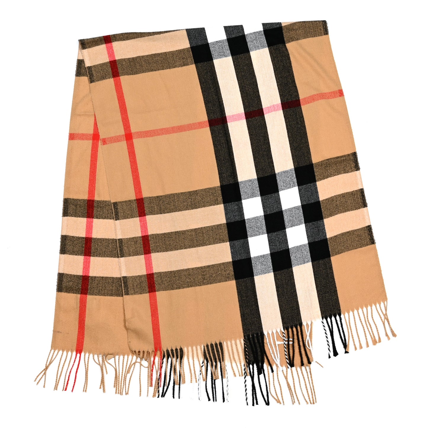 Cashmere Giant Check Fringe Scarf Archive Beige