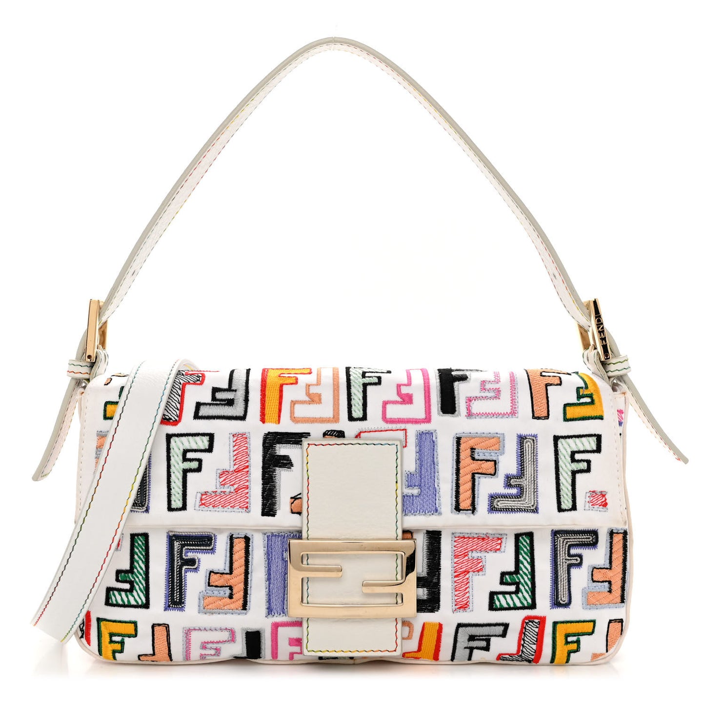 Nylon FF Multicolor Embroidered Baguette Multicolor White