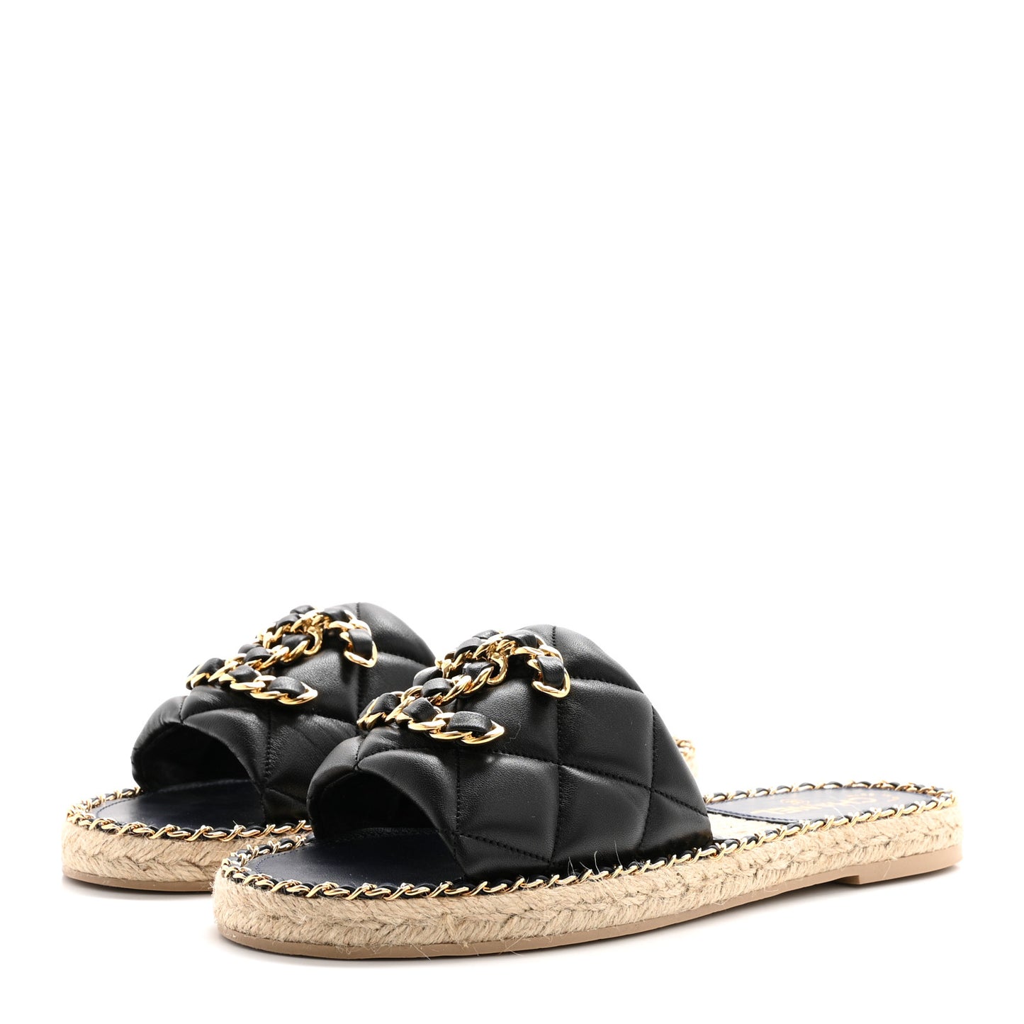 Lambskin Quilted CC Chain Espadrille Mules 39 Black Navy