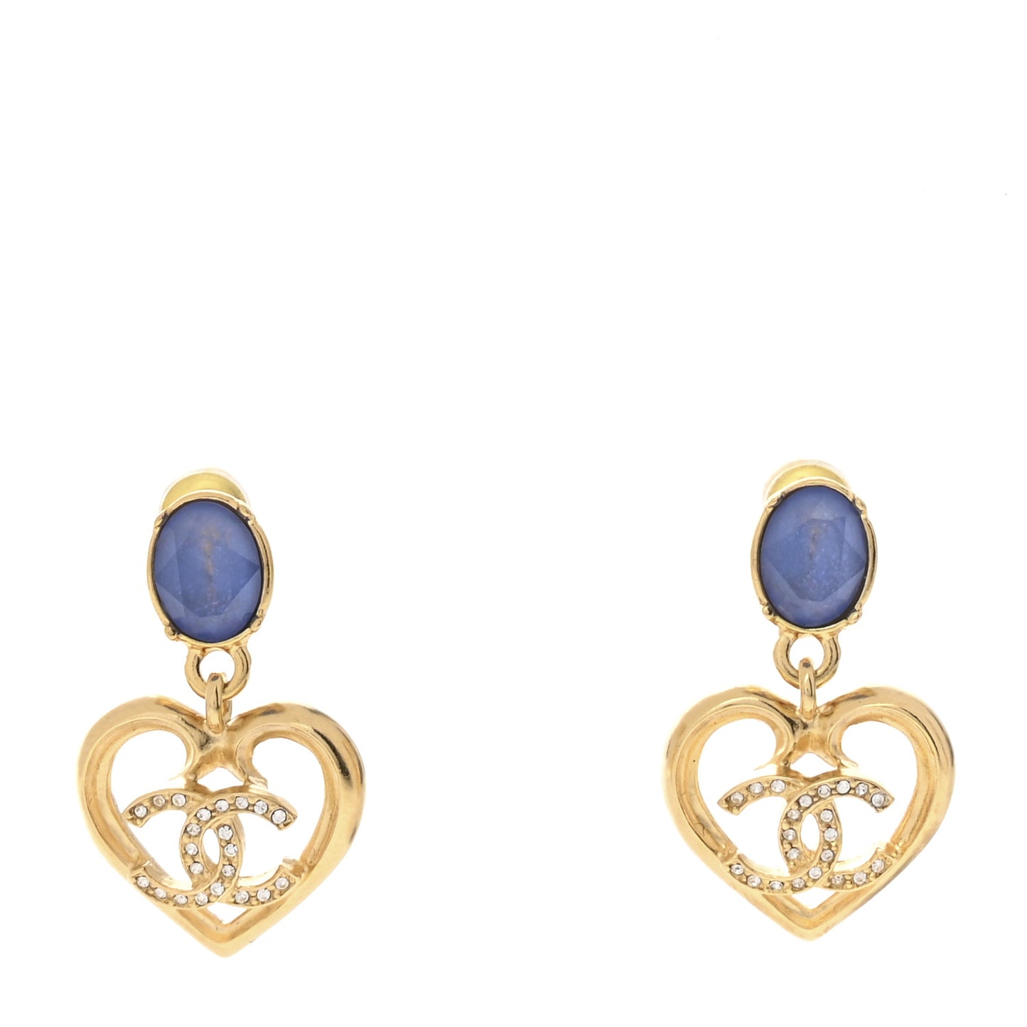 Metal Crystal CC Heart Drop Earrings Gold Blue