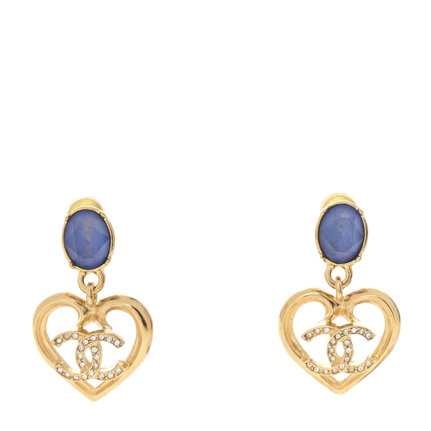 Chanel Metal Crystal CC Heart Drop Earrings Gold Blue 1 of 4