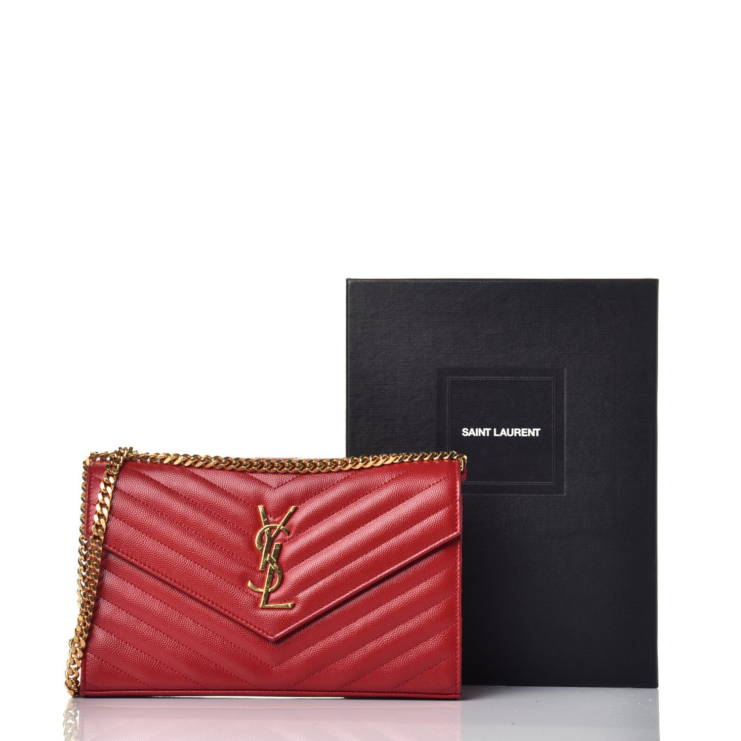 Saint Laurent Grain De Poudre Matelasse Chevron Monogram Chain Wallet New Red 10 of 10