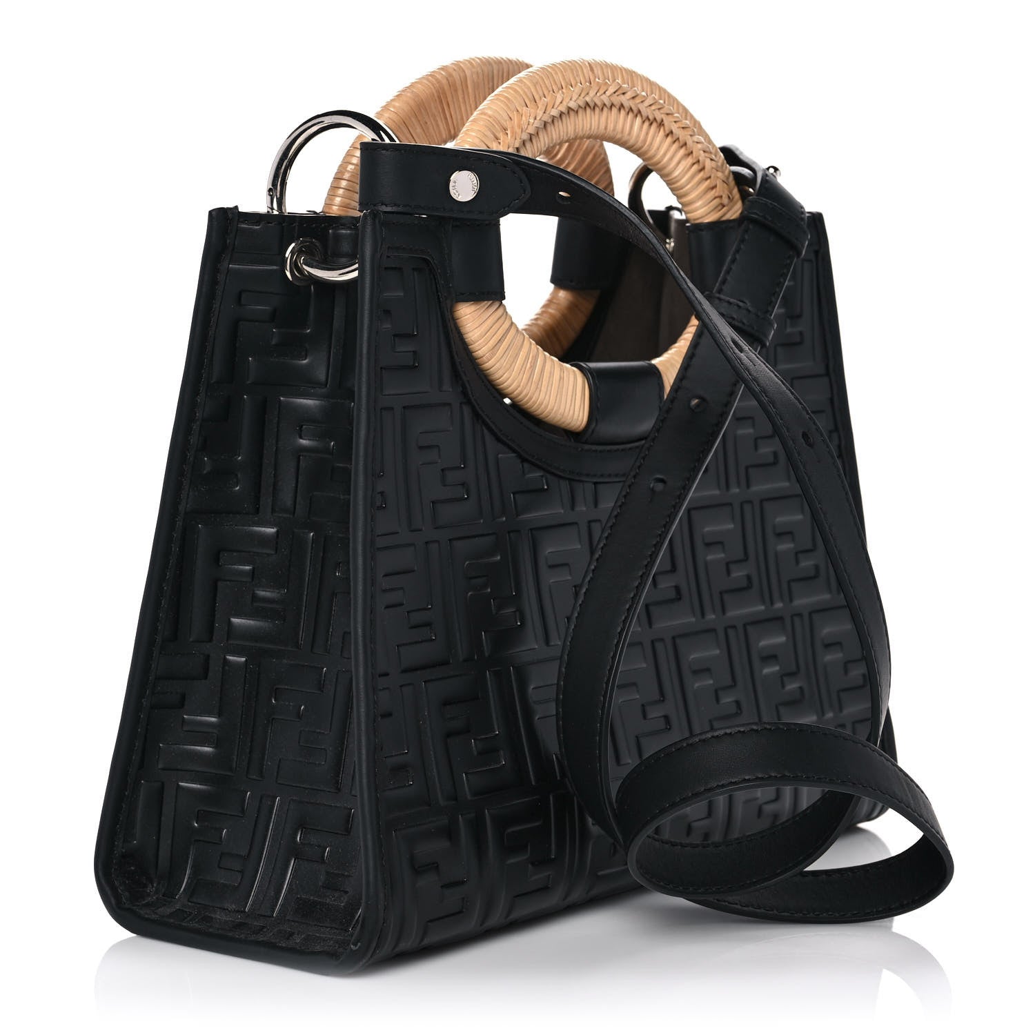 Fendi Vitello Century Wicker FF 1974 Embossed Small Runaway Shopper Tote Black 3 of 10