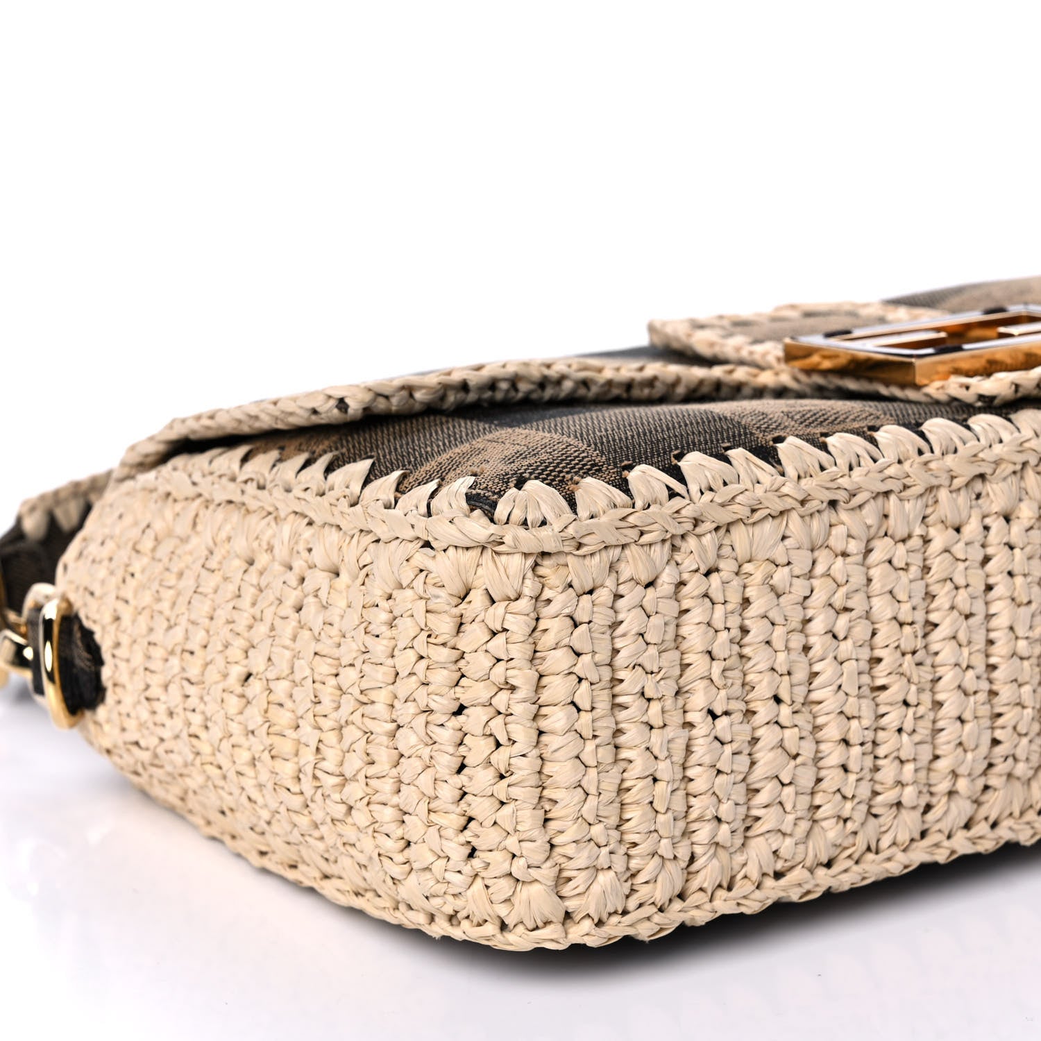 Fendi Fabric Jacquard Raffia Straw Pequin Gingham Woven Baguette Beige Black Natural 10 of 11