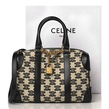 Celine Canvas Calfskin Triomphe Embroidered Boston Bag Black 10 of 10
