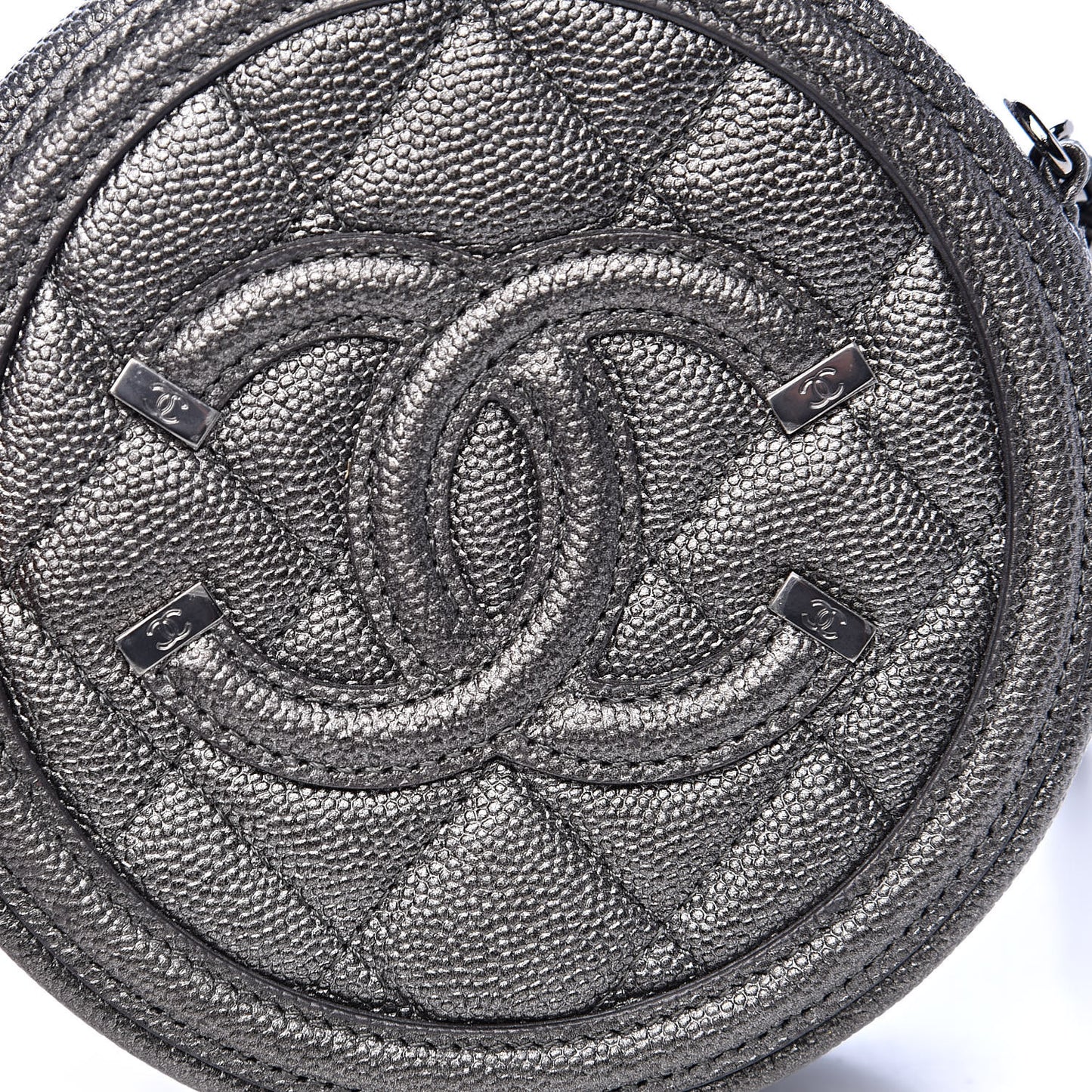 Metallic Caviar Quilted Round Filigree Crossbody Dark Silver