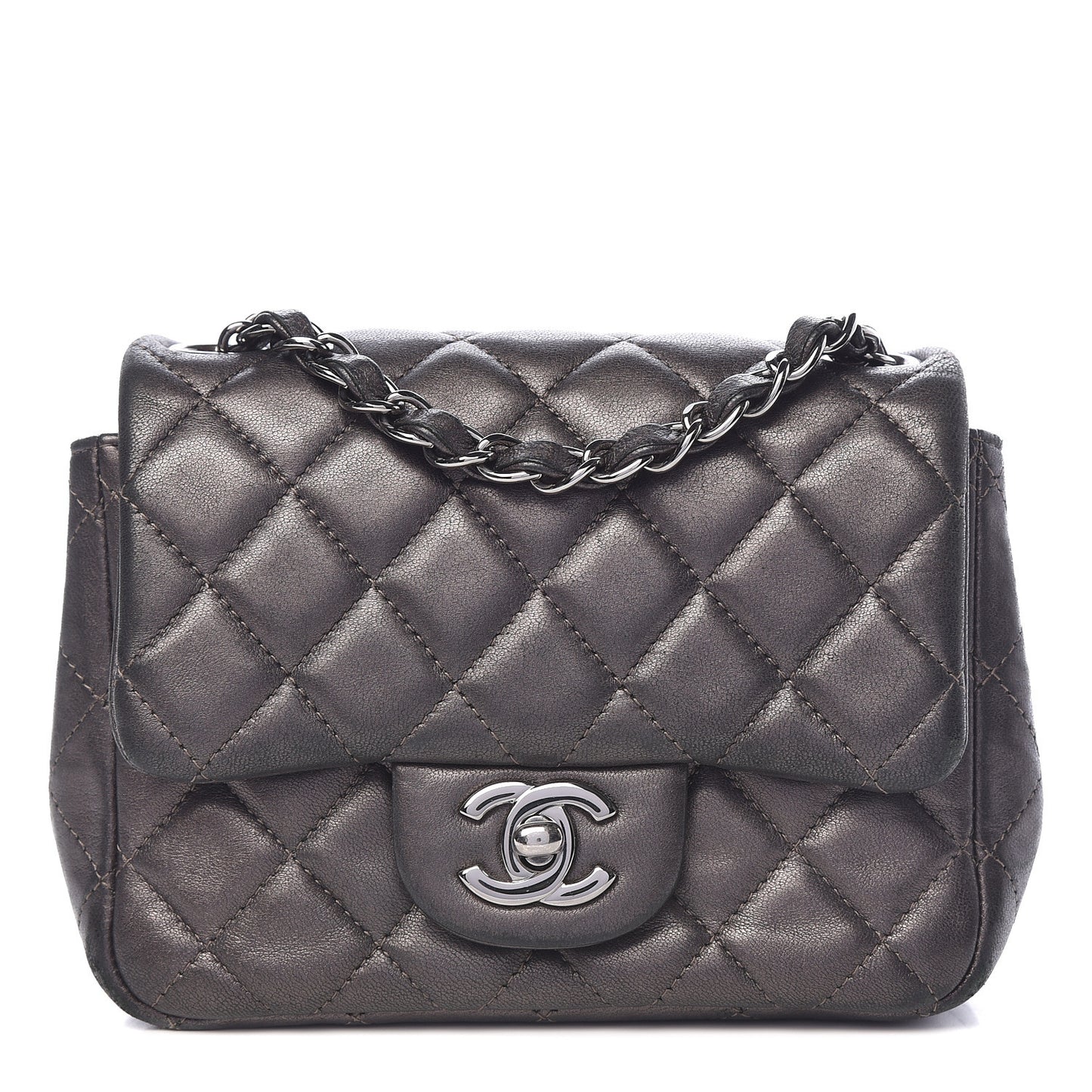 Metallic Lambskin Quilted Mini Square Flap Grey