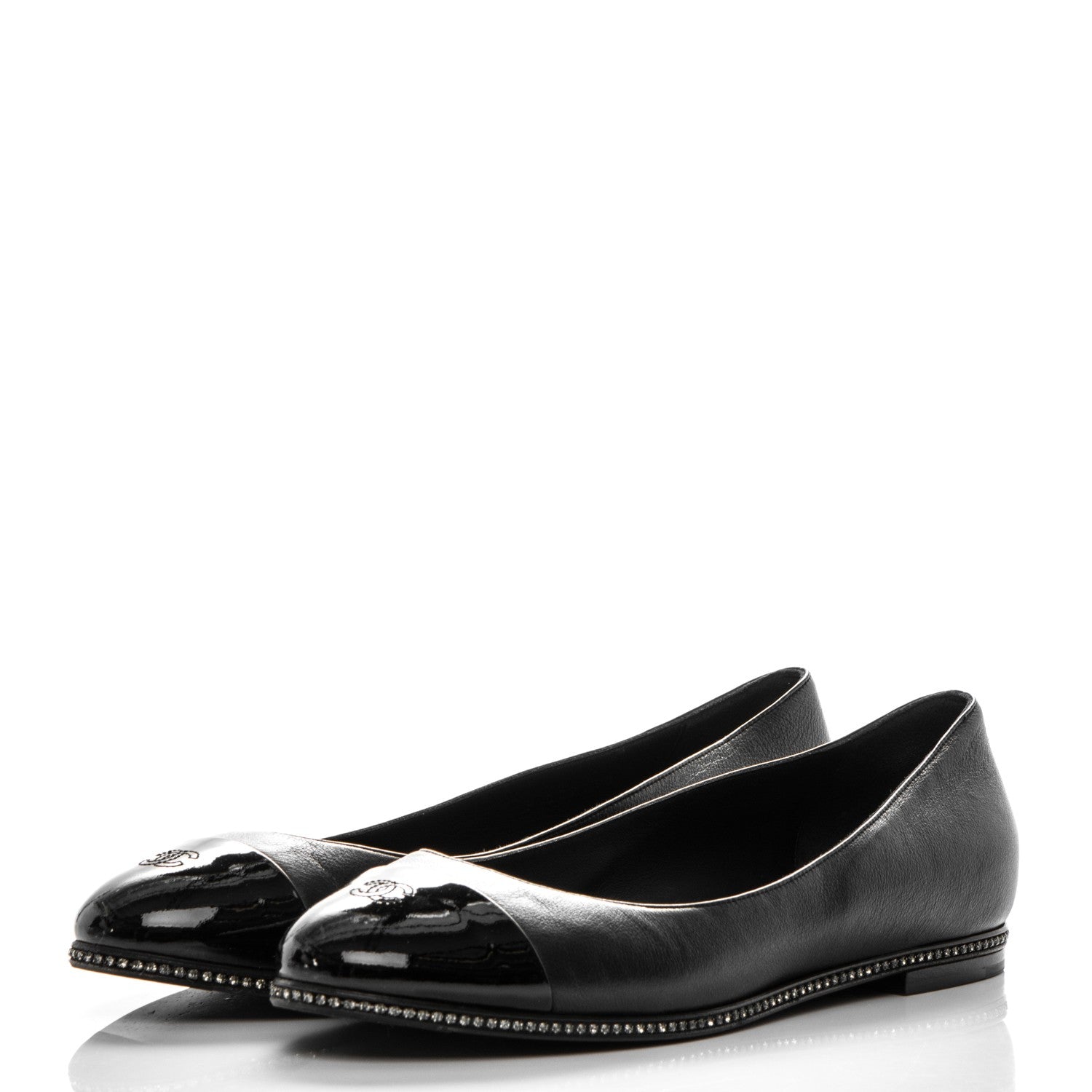 Chanel Patent Lambskin Crystal CC Cap Toe Ballerina Flats 39 Black 3 of 8