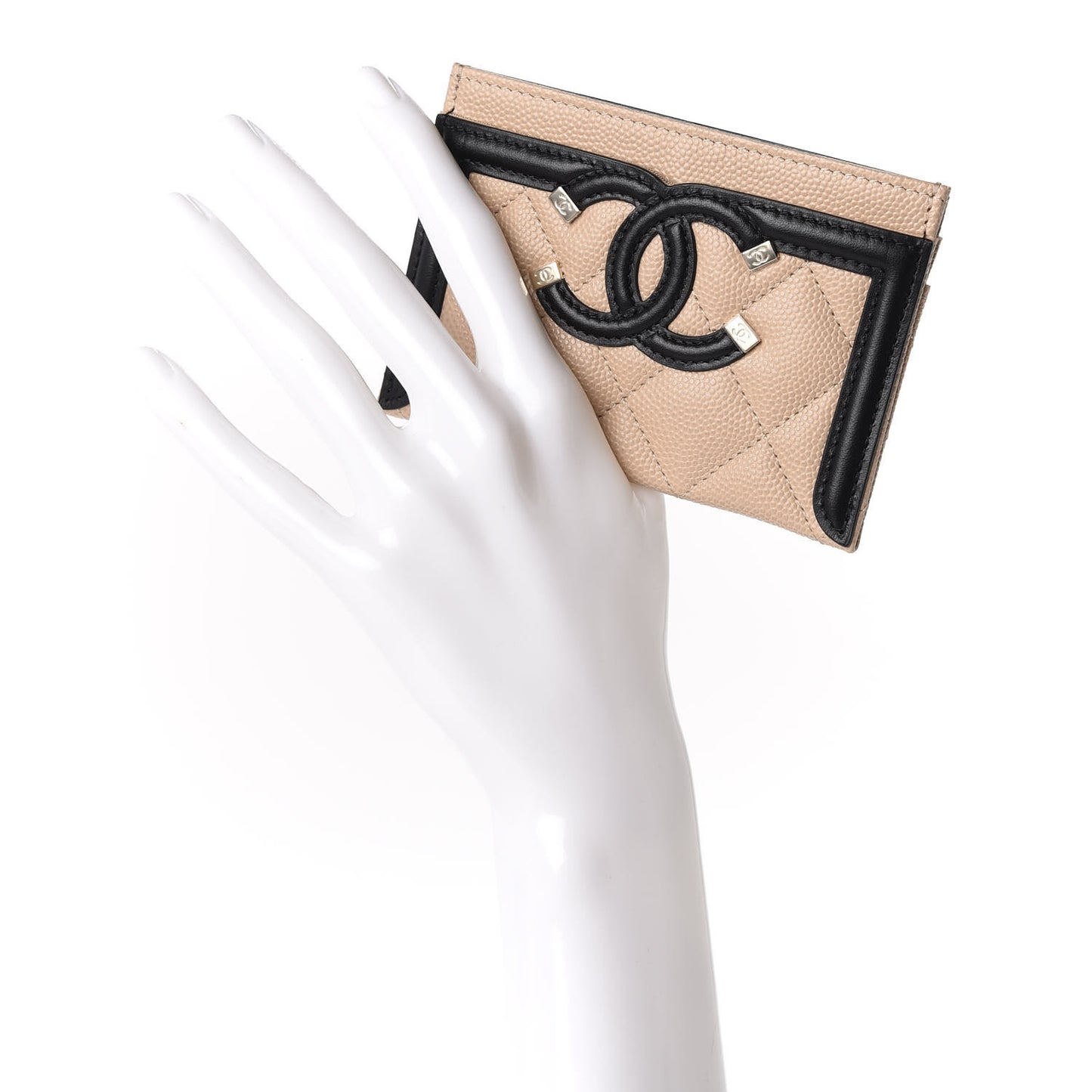 Caviar Quilted Filigree Card Holder Beige Black