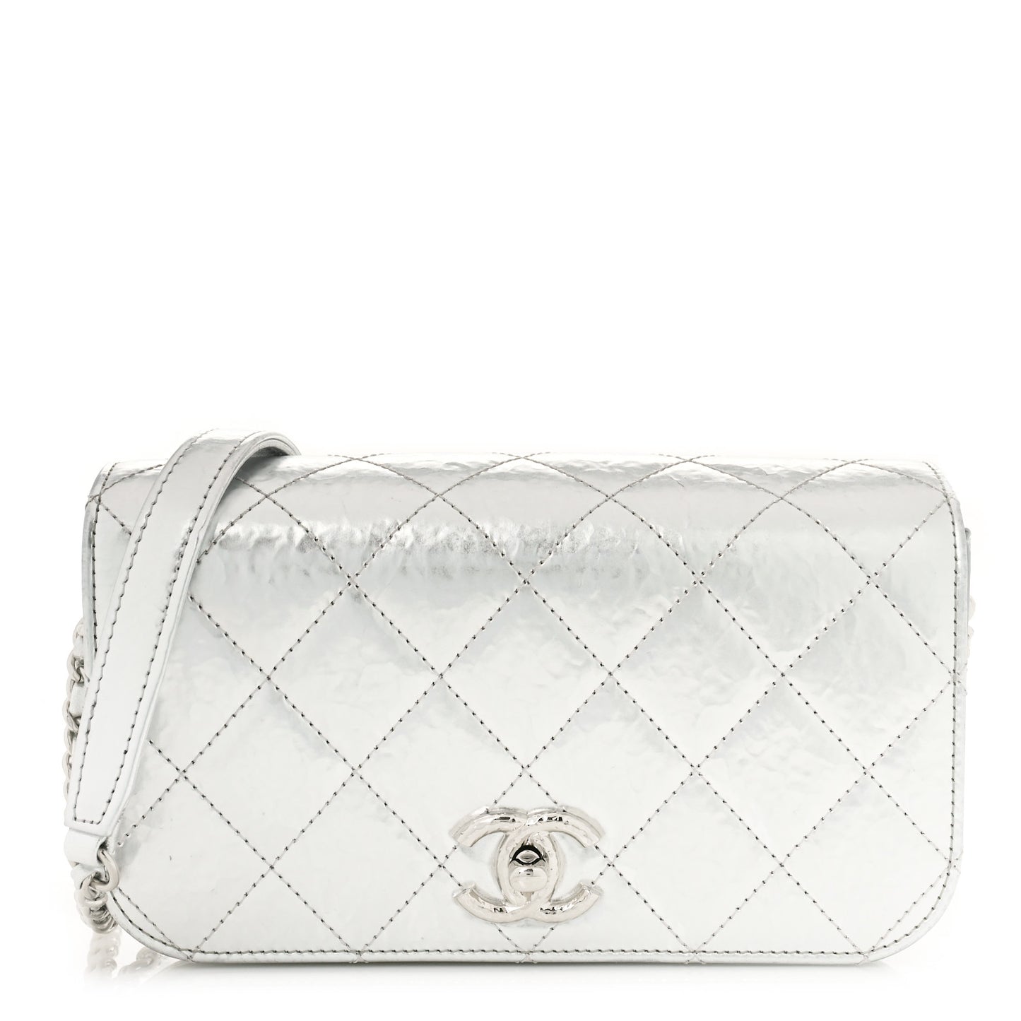 Hammered Metallic Calfskin Quilted Flap Silver
