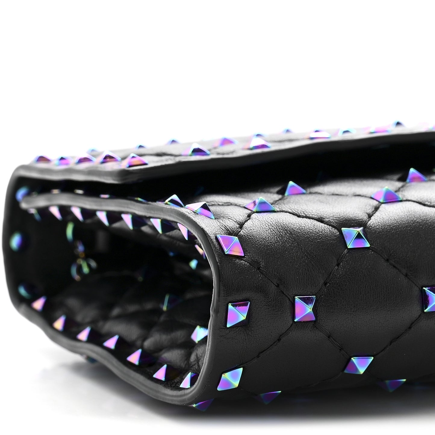 Lambskin Oil Slick Rockstud Spike Wallet on Chain Black