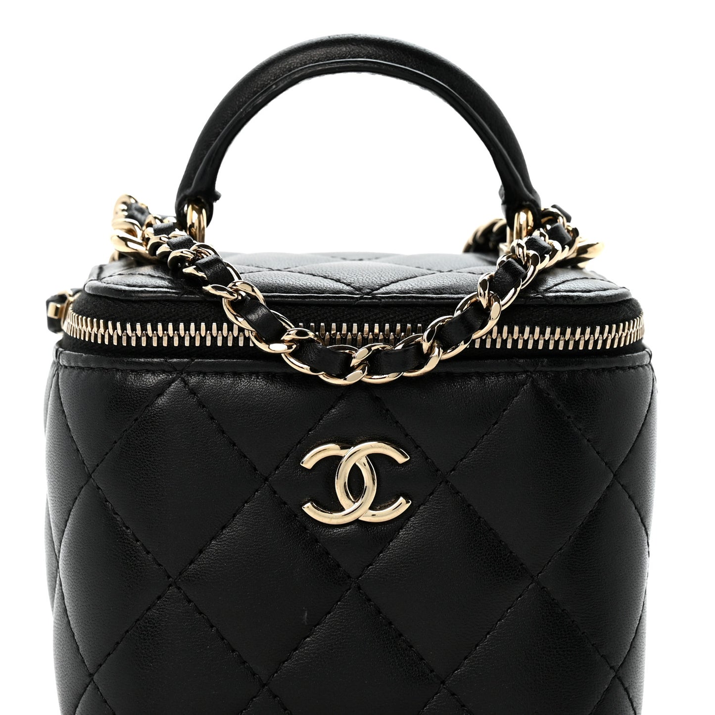 Lambskin Quilted Top Handle Mini Vanity Case With Chain Black