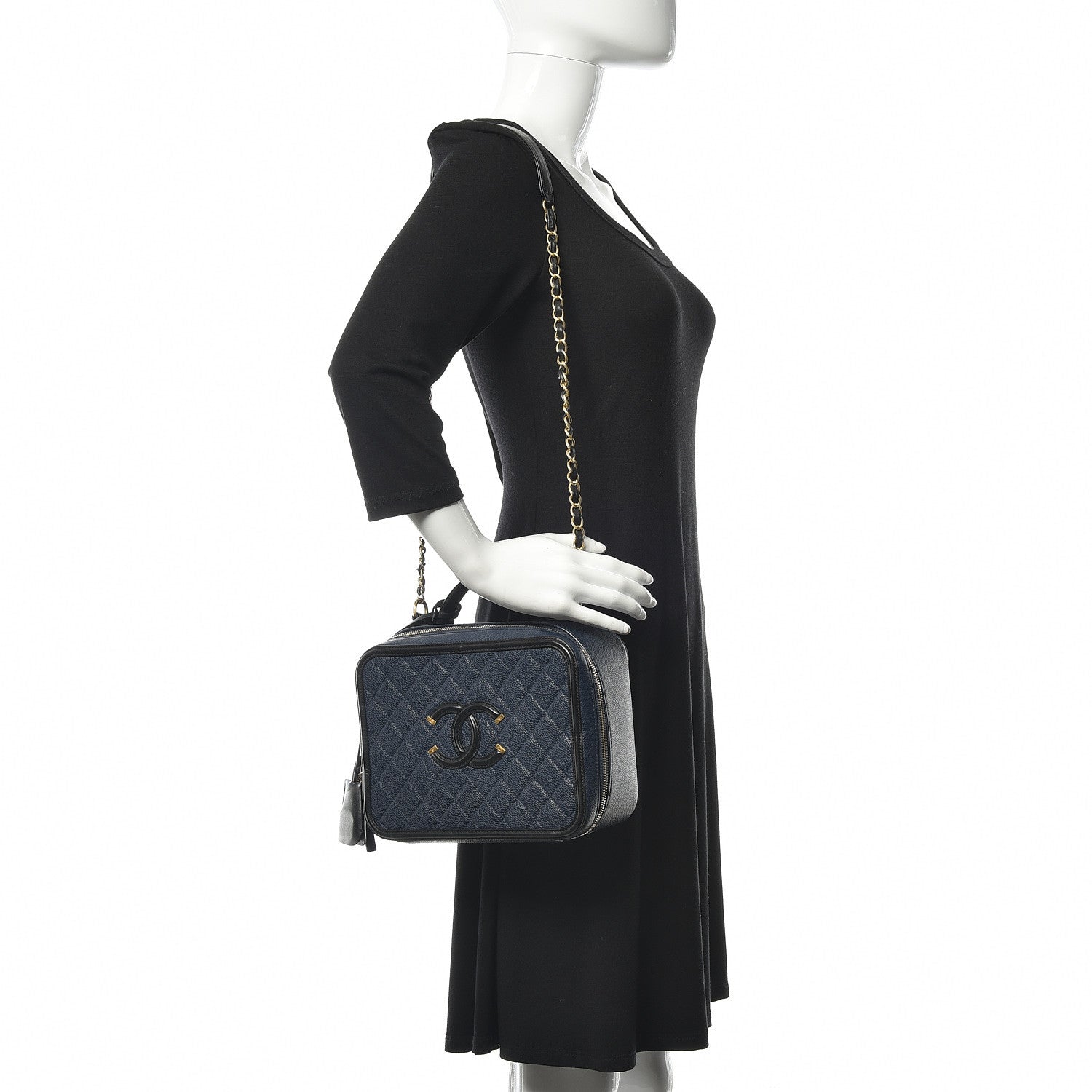 Chanel Caviar Quilted Large CC Filigree Vanity Case Navy Black 2 of 16