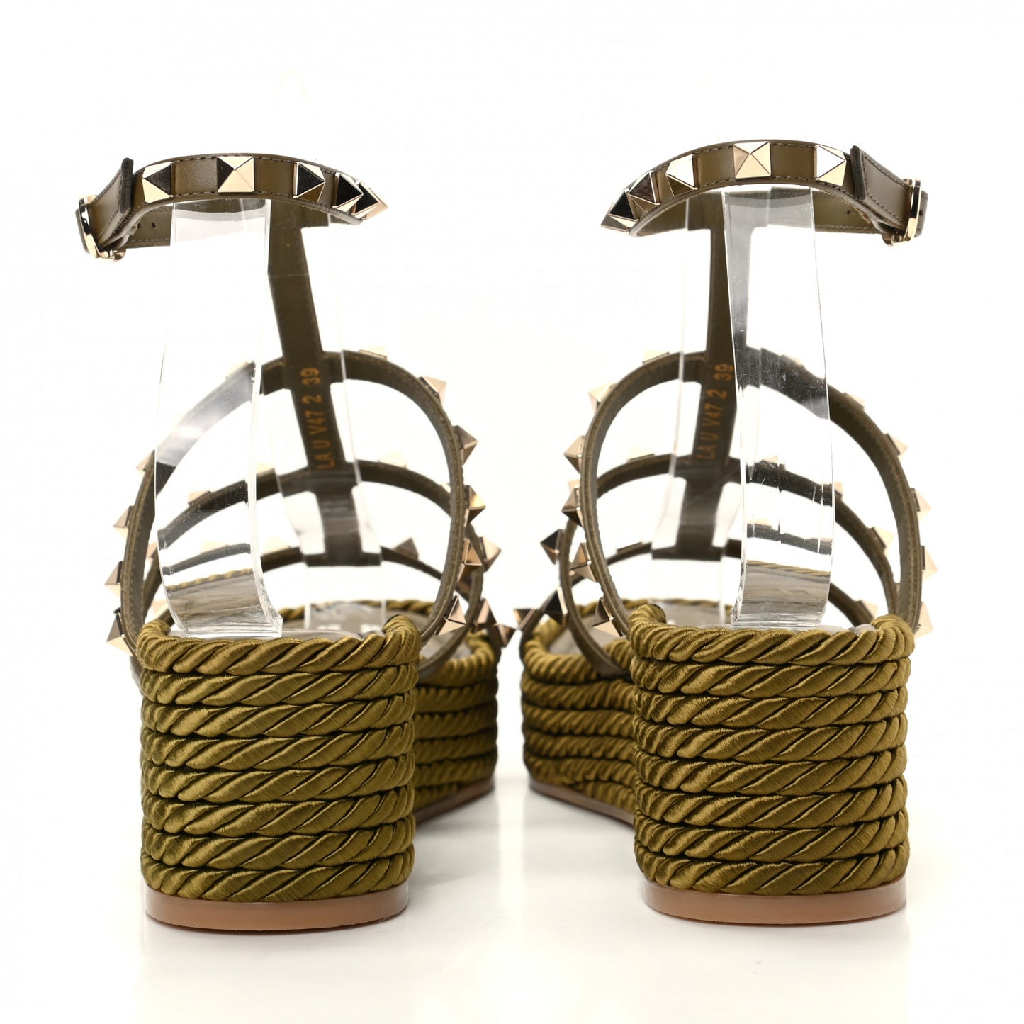 Calfskin Rockstud Ankle Strap Torchon Espadrille Caged 30/55mm Sandals 39 Lichen