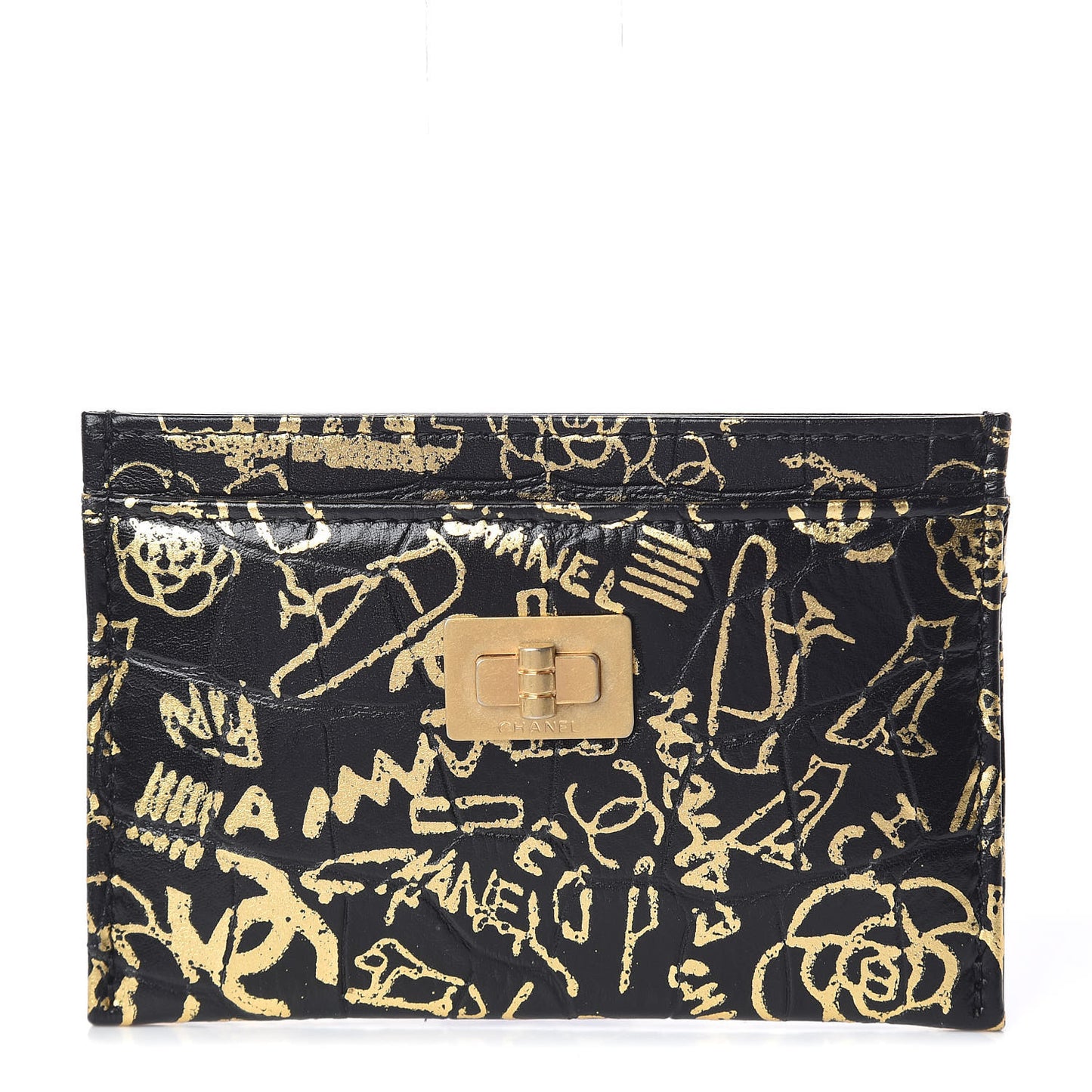Calfskin Crocodile Embossed Graffiti 2.55 Cocodile Reissue Card Holder Black Gold