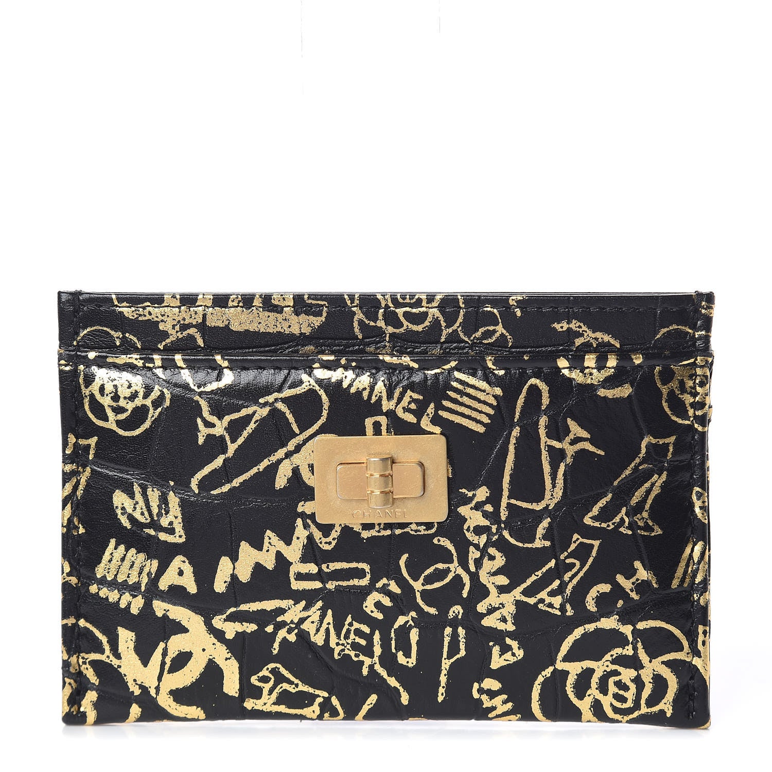 Chanel Calfskin Crocodile Embossed Graffiti 2.55 Cocodile Reissue Card Holder Black Gold 1 of 9