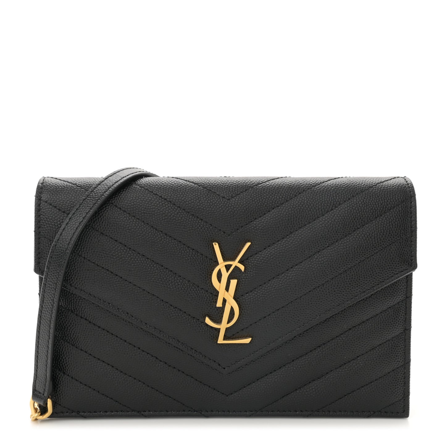 Grain De Poudre Matelasse Chevron Monogram Envelope Chain Wallet Black