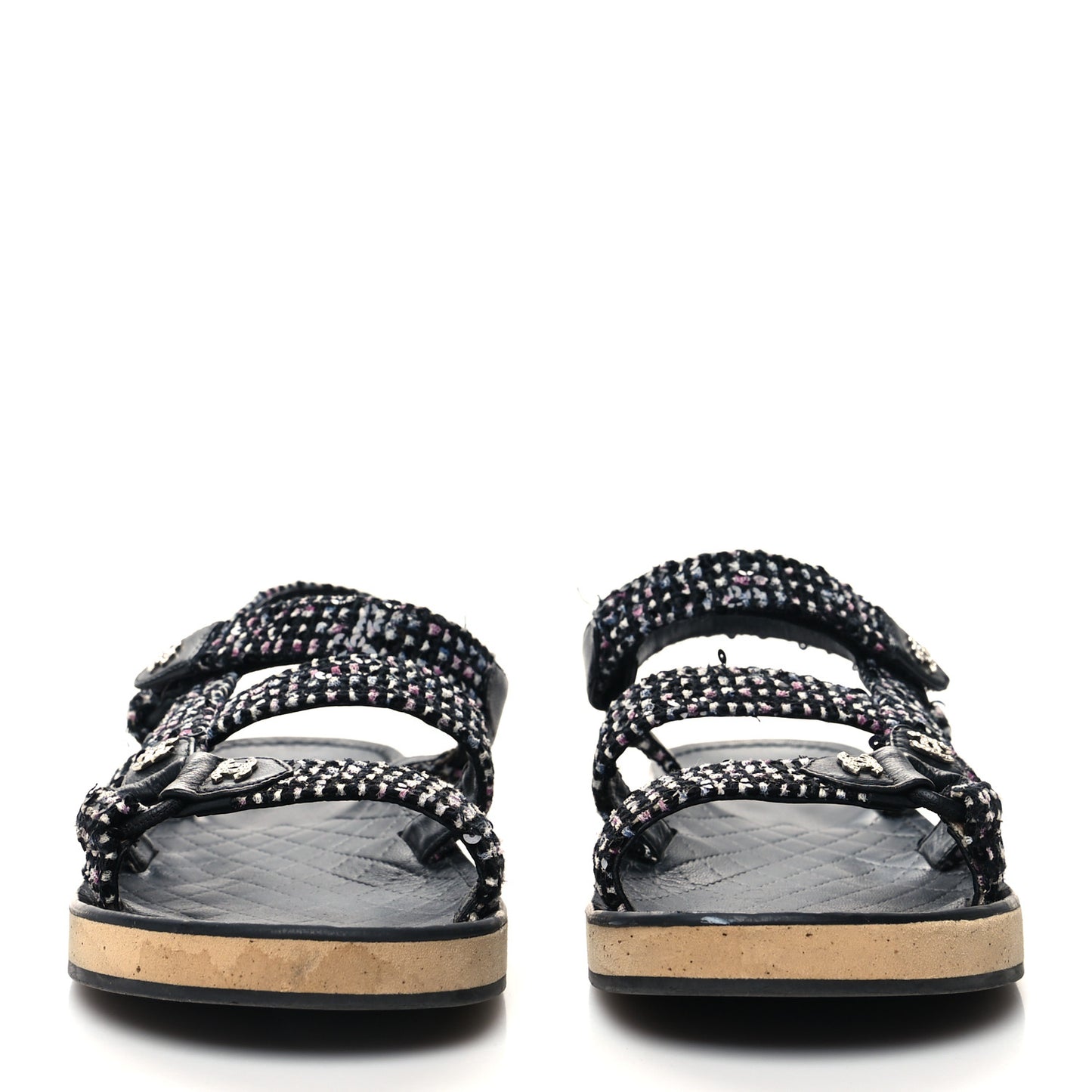 Tweed Lambskin Crystal CC Sandals 39 Black Multicolor