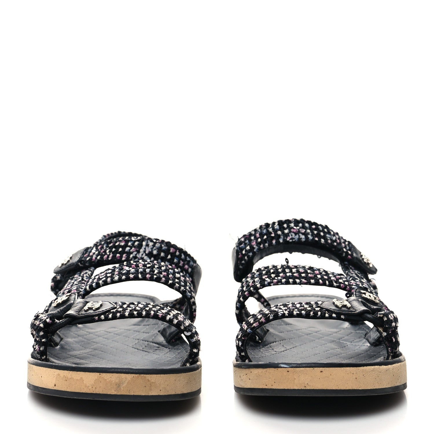 Chanel Tweed Lambskin Crystal CC Sandals 39 Black Multicolor 2 of 7