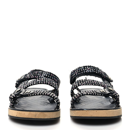 Chanel Tweed Lambskin Crystal CC Sandals 39 Black Multicolor 2 of 7