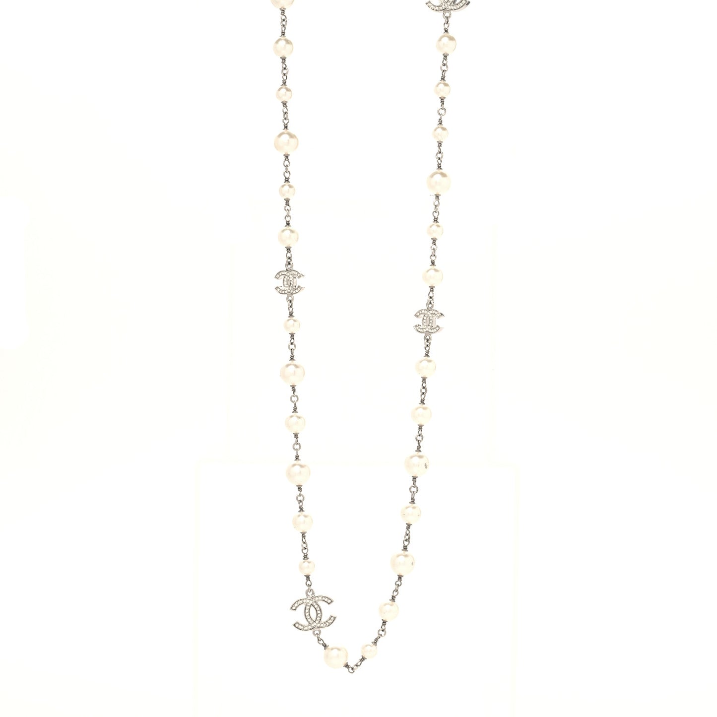 Graduated Pearl Crystal CC Long Necklace Silver