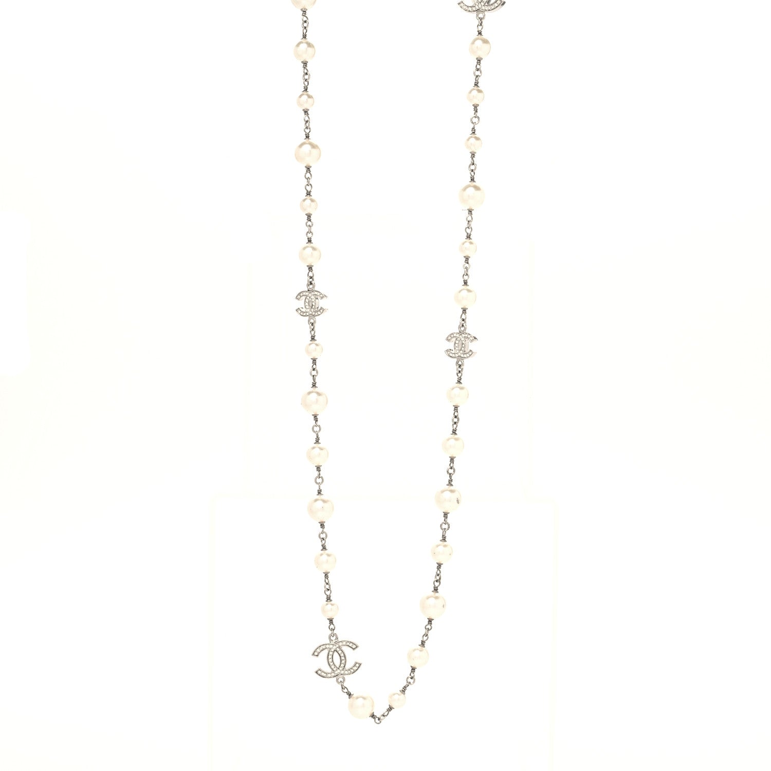 Chanel Graduated Pearl Crystal CC Long Necklace Silver 1 of 5
